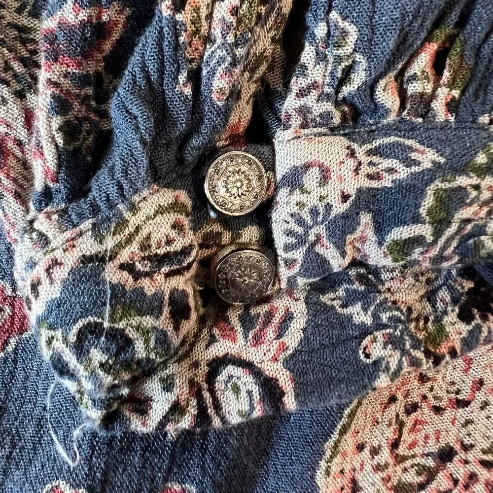 Free People Floral Long Sleeve Mini Dress‎ Womens Sz. Medium Blue Bohemian FLAW